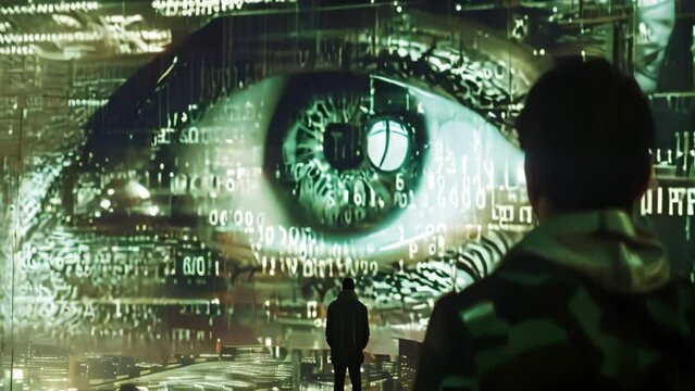 A man standing in front of a large digital eye, Explore the relationship between anonymity and privacy in the digital realm