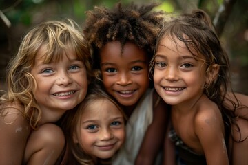 Fototapeta premium Joyful Group of Diverse Children Smiling and Embracing Outdoors in Natural Setting