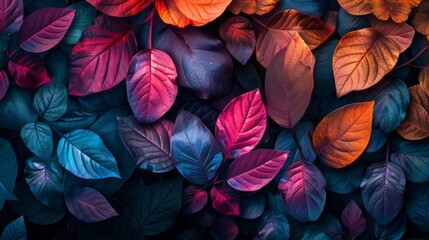 Colorful autumn leaves with vibrant shades of purple, blue, and red create a stunning visual.