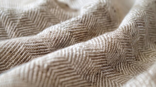 Close-up of a linen fabric with a subtle herringbone pattern, highlighting the natural texture and weave.