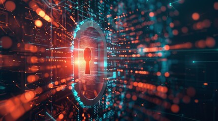 Obraz premium Digital security keyhole. Abstract image of a keyhole within a digital network, symbolizing online security and data protection.