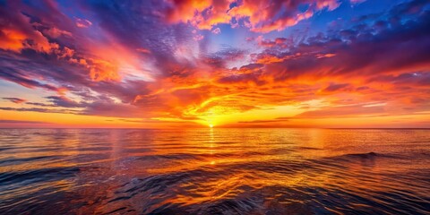 Fototapeta premium Vibrant sunset casting warm hues over the calm sea, sunset, sea, ocean, water, horizon, dusk, evening, nature, colorful, sky