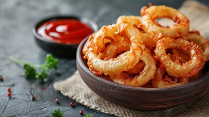 Crispy Onion Rings with Ketchup on Rustic Background