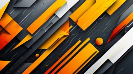 Abstract geometric shapes and lines in bright orange, yellow, and gray color scheme