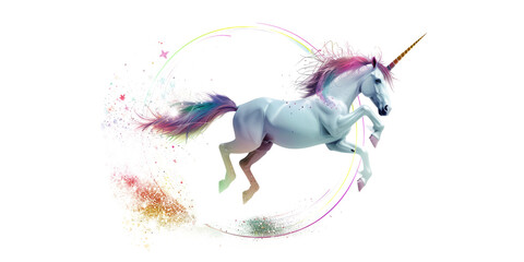 unicorn leaping through a ring of light, in a magical virtual meadow on white background