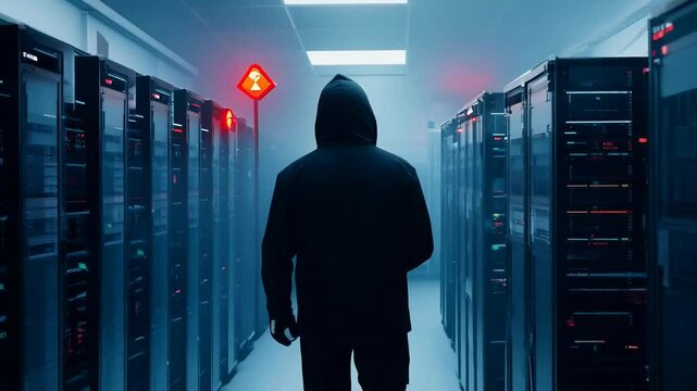 Mysterious hacker in a data center with futuristic blue lighting