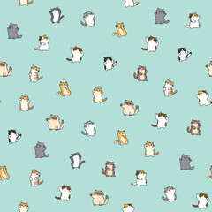 Seamless Pattern with Cartoon Cat Character Design on Light Green Background © Supannee