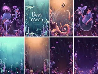 Underwater illustration of fictional sea creatures, shark, octopus and fish swimming in the ocean. Posters for background.