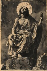 Jesus Christ: Medieval Style Artistic Etching or Engraving with Sacred Religious Iconography and Classic Renaissance Style
