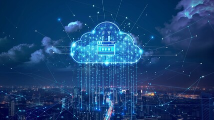 Futuristic city  with digital cloud composed of glowing blue particles and interconnected nodes, symbolizing cloud computing, data storage, and the seamless flow of information with connectivity