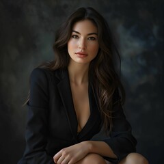 Fototapeta premium Elegant Woman in Black Blazer with Deep Neckline.