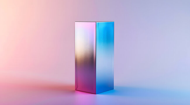 A sleek, iridescent rectangular column standing upright on a gradient pastel background. The pillar reflects hues of blue, purple, and pink, creating a modern and futuristic aesthetic with a minimalis