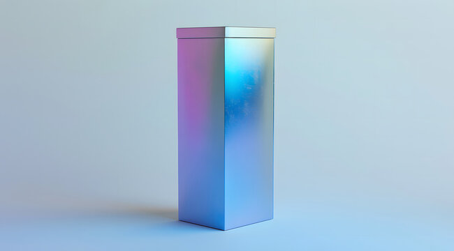 A sleek, iridescent rectangular column standing upright on a gradient pastel background. The pillar reflects hues of blue, purple, and pink, creating a modern and futuristic aesthetic with a minimalis