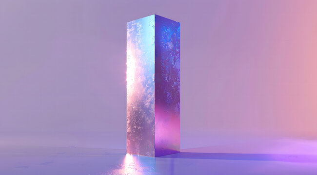 A sleek, iridescent rectangular column standing upright on a gradient pastel background. The pillar reflects hues of blue, purple, and pink, creating a modern and futuristic aesthetic with a minimalis