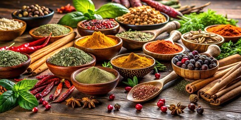 Fototapeta premium A close-up of an assortment of aromatic spices and herbs on a wooden table, spices, herbs, cooking, flavor, seasoning
