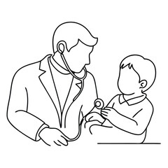 a pediatrician using a stethoscope on a toddler. illustration line art vector style