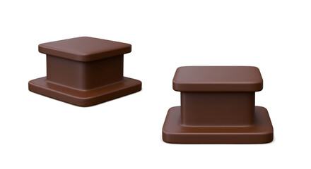 Realistic square pedestal. Brown stand on white background. Isolated mockup, place for text
