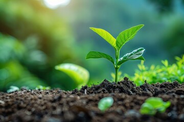 Young green plant growing in soil, isolated on white background