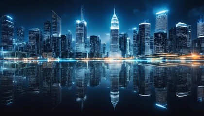 Naklejka premium digital city building city landscape exposure double background ai transformation ai night technology background abstract concept business city landscape cityscape city smart
