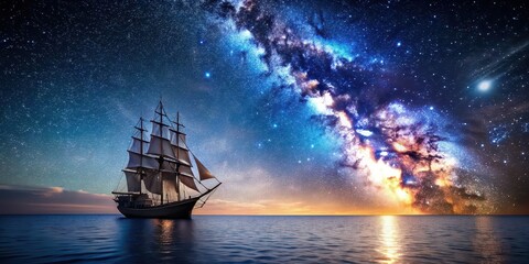 Fototapeta premium A ship sailing under a starry night sky, ship, night, starry, sky, ocean, water, vessel, traveling, adventure, exploration