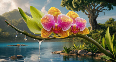 Colorful orchid flower perched on a tree branch above a serene island lake. Water droplets glisten on the petals, and the flower emits a warm, Generative AI