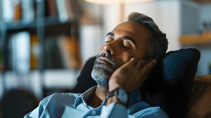 Obraz premium Sleeping, face and tired businessman in office overwhelmed by deadlines with fatigue or burnout. Lazy worker, depressed consultant or exhausted professional resting or taking nap on hand with stress