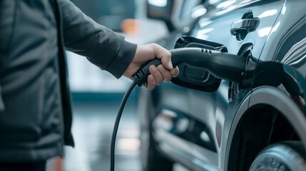 Man holding power supply cable at electric vehicle charging station, closeup.