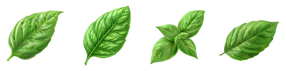 Fototapeta premium Fresh basil leaves isolated on white background. High-resolution image perfect for culinary, herbal, and plant-themed projects. transparent background