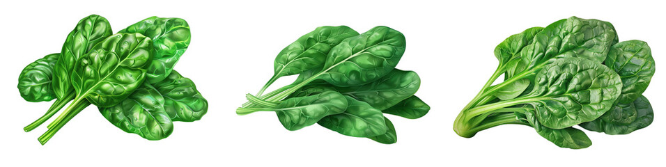 Fototapeta premium Fresh green spinach leaves isolated on white background. Perfect for healthy diet, cooking, salads, and organic food concepts. transparent background