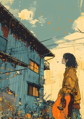 Fototapeta premium girl playing guitar in front of a blue house