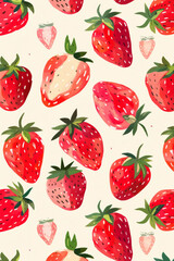 cute illustration pattern background of cute strawberry's, light pastel colors, minimalism style