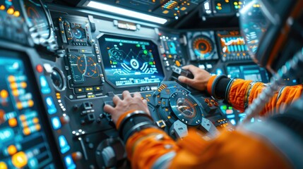 Fototapeta premium Astronaut navigating spacecraft controls with high-tech dashboard, preparing for space mission in futuristic cockpit.