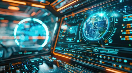 Fototapeta premium High-tech futuristic control room with digital screens displaying data, maps, and advanced technology in a vibrant blue and orange setting.