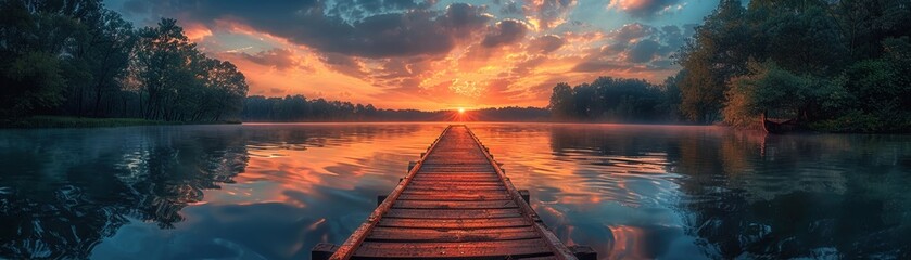 Fototapeta premium Stunning Sunrise Over Serene Lake with Wooden Pier and Dramatic Sky Reflections