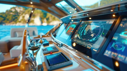 Luxury yacht cockpit with advanced navigation systems and ocean views. Modern technology and maritime expertise blend seamlessly in this elegant setting.