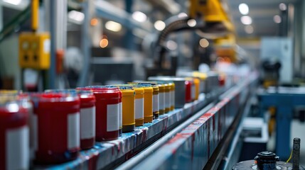 paint cans on conveyor belt rollers or production line, automated industrial factory manufacture