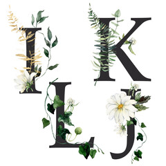 Watercolor Floral Letters Set featuring I, J, K and L. Hand-drawn flowers on a white background create an outdoor letters scene that can be used for design, printing, or fabric backgrounds.