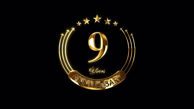 Happy 9th Anniversary Celebration. Golden 9 Years Anniversary Animation in Gold Color on the Transparent Background, Alpha Channel. Great for greetings, celebrations, events, and gifts.