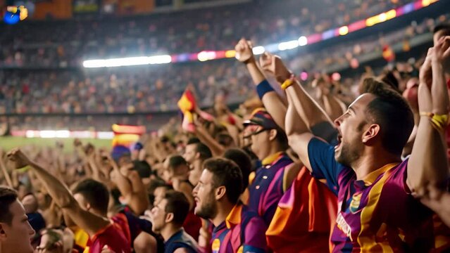 Enthusiastic FC Barcelona fans cheering in the stands, holding banners, and flaunting team colors at the stadium, Fans cheering in the stands, holding banners and flags