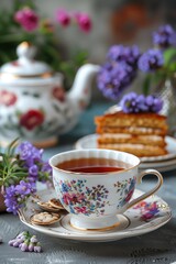 Fototapeta premium A refined tea setting featuring a white floral teacup and saucer, matching teapot, and delicious cake on wooden table.