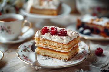 Close-up of a delectable raspberry cake slice served on a floral plate, accompanied by a cup of tea, perfect for a cozy afternoon.