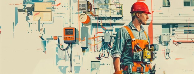 An electrician wearing a hard hat and safety vest is working on an electrical panel. AIGZ01