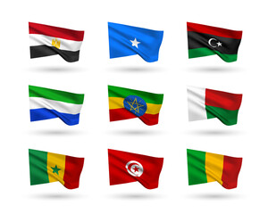 A set of 9 vector flag icons of African countries, isolated on white background. 3D style design elements from world collection created using gradient mesh