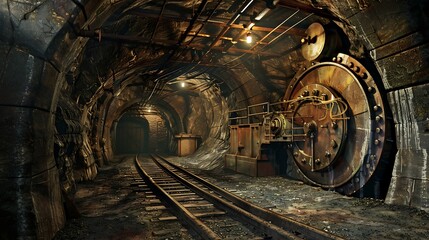 Basement rail tunnel mine coal extraction old copper setting heavy gold sector very detailed and realistic shape