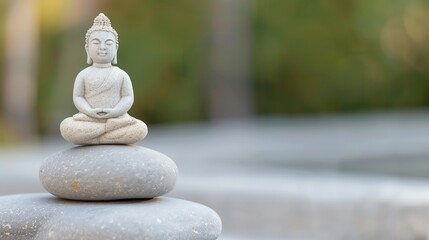 A serene Buddha statue sitting peacefully on stacked stones, against a blurred natural background, representing tranquility and meditation.