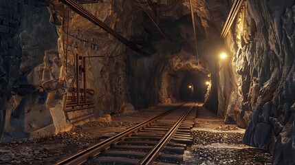 Naklejka premium Basement rail tunnel mine coal extraction old copper setting heavy gold sector very detailed and realistic shape