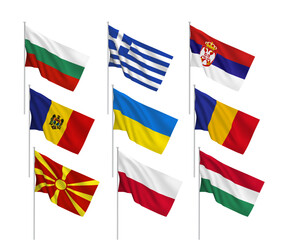 A set of 9 vector flags of East European countries, with metallic flagpole, isolated on white background. 3D wavy design elements from world collection created using gradient mesh
