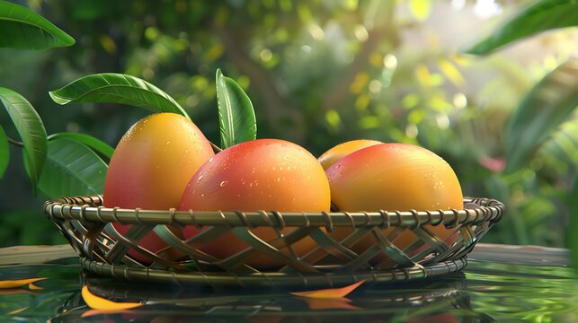 Beautiful and fresh mango fruit in a bamboo basket with scenic backdrops very detailed and realistic shape