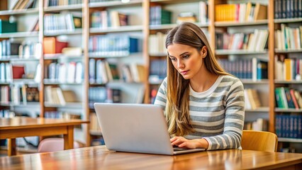Focused young woman student sitting at a desk in a school library, intently using her laptop to study and learn online, surrounded by blurred background.