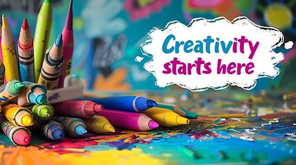 A pile of colorful crayons and markers on a table with a speech bubble saying Creativity starts here